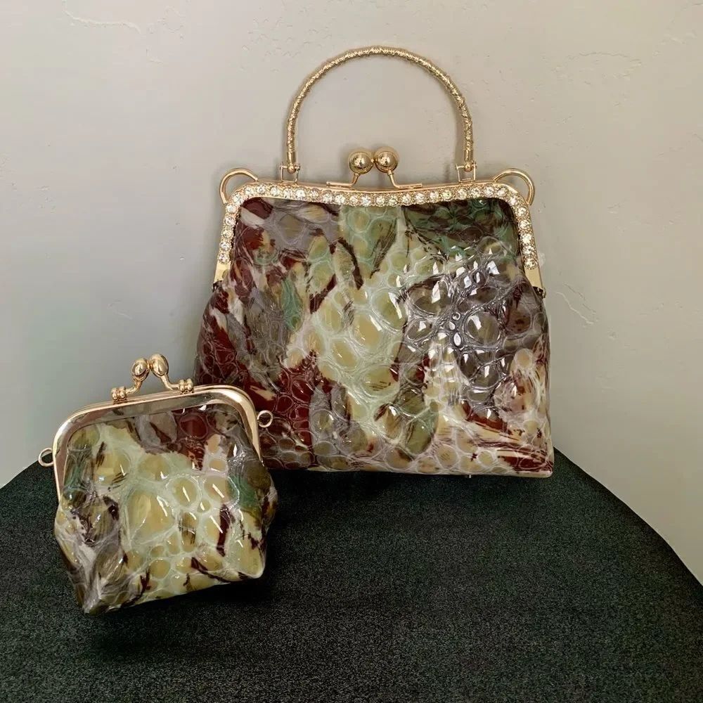 Handmade Genuine Leather Embossed Cobblestone, Kisslock Bag & Small Purse Set